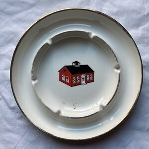 Vintage Houseplant Ceramic Schoolhouse Ashtray Gold Rim 8.5” Diameter